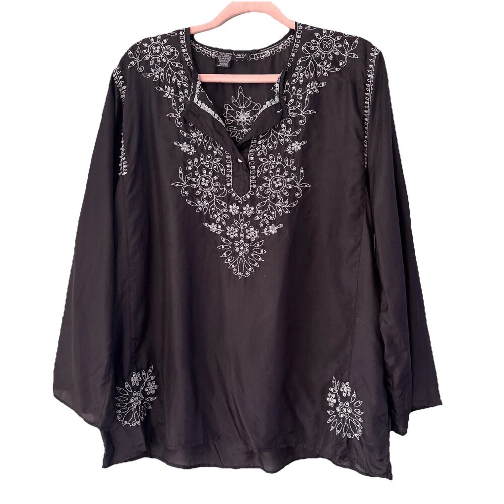 VTG Ishyu Habotai Silk Boho Embroidered Top Black Silver Floral Detail Sz XL